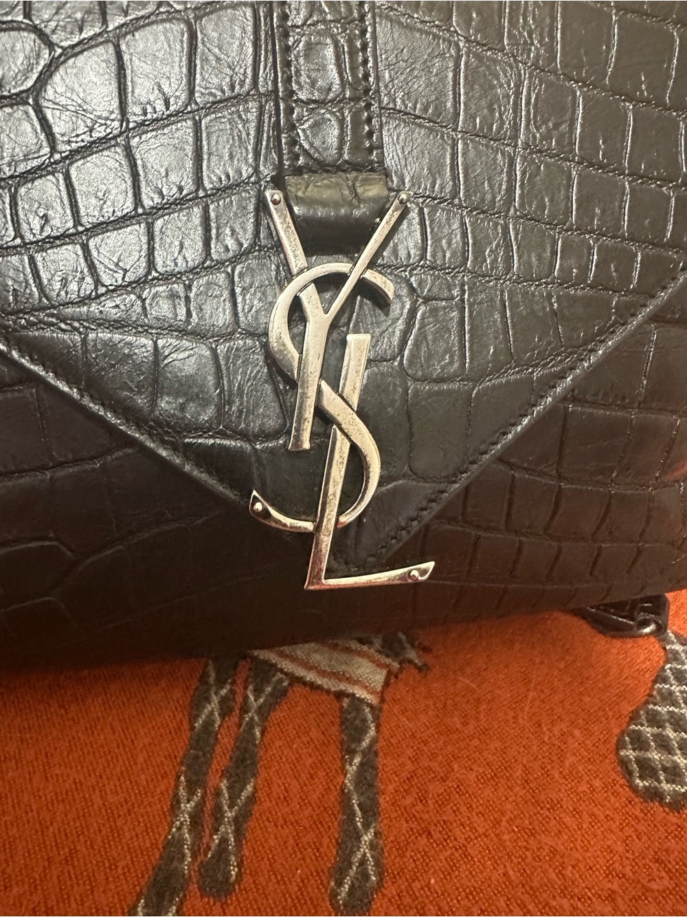 YVES SAINT LAURENT ❤️🌟BLACK CROC-EMBOSSED CALFSKIN LEATHER W/ LONG STRAP⭐️ - Picture 6 of 11